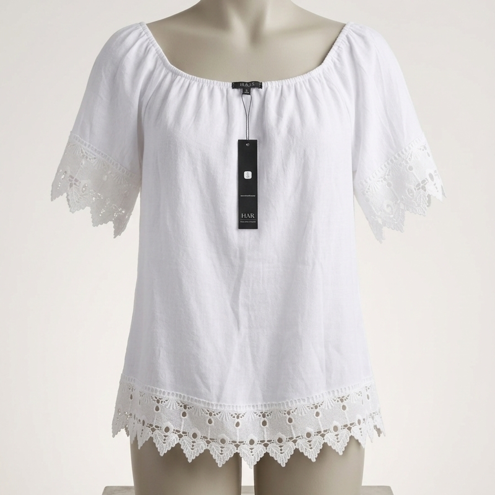 NWT White Boho Eyelet Lace Trim Off-the-Shoulder